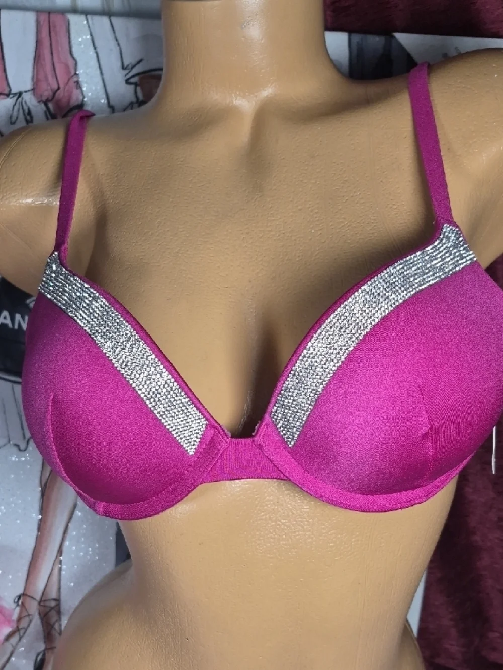 VICTORIA'S SECRET Plunge Push-Up swim Bra with Rhinestone Trim Fuchsia Pink 2207